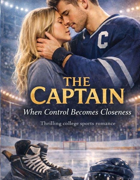 „The Captain: When Control Becomes Closeness. Thrilling college sports romance.“ Paar in Umarmung, Eishockey-Thema.