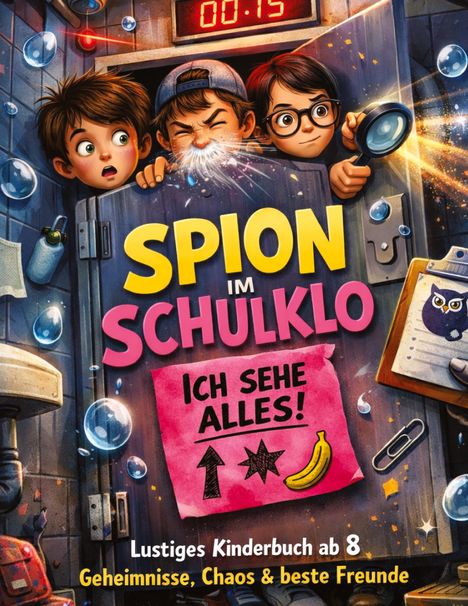 „Spion im Schulklo“; „Ich sehe alles!“ auf Zettel mit Pfeil, Stern, Banane; Kinderbuch, Geheimnisse, Chaos, beste Freunde.