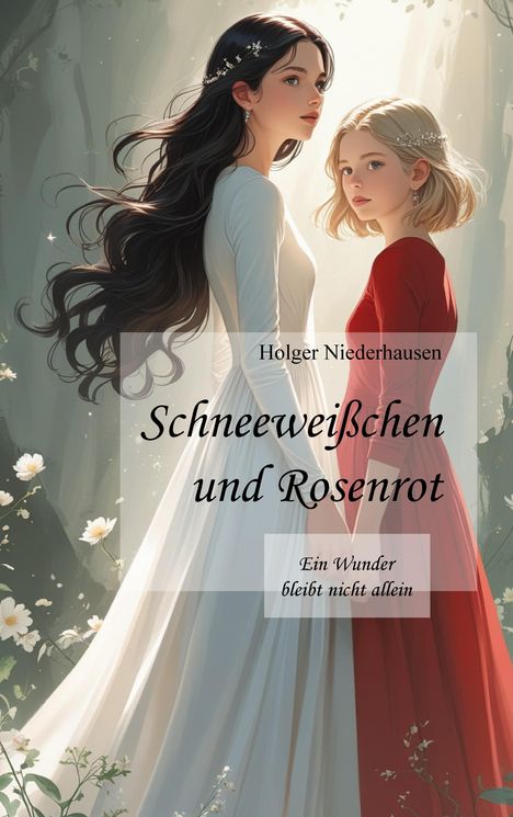 "Schneeweißchen und Rosenrot. Ein Wunder bleibt nicht allein." Zwei Frauen in weißen und roten Kleidern, umgeben von Blumen.