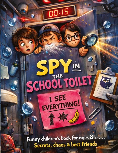 "Spy in the School Toilet", "I see everything!" Drei Kinder schauen aus einer Toilettenkabine, umgeben von Chaos und Spaß.