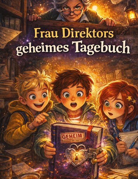 "Frau Direktors geheimes Tagebuch" zeigt erstaunte Kinder, die ein leuchtendes Buch betrachten. Eine ältere Frau schaut von oben.