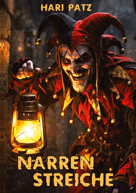 Text oben: "HARI PATZ". Unten: "NARRENSTREICHE". Ein gruselig geschminkter Narr mit Laterne in dunkler Umgebung.