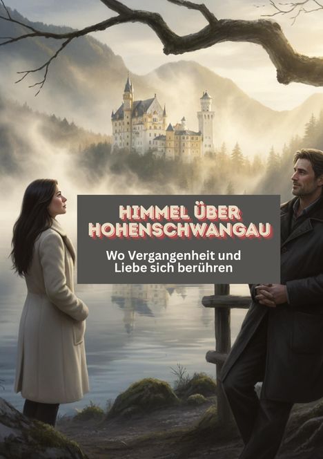Text: "Himmel über Hohenschwangau. Wo Vergangenheit und Liebe sich berühren." Illustration mit Schloss im Nebel.