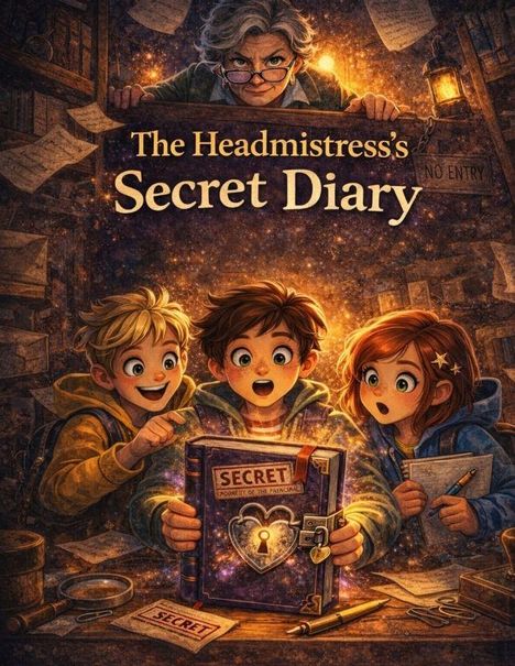 "The Headmistress's Secret Diary." Drei Kinder staunen über ein leuchtendes, verriegeltes Buch. Eine ältere Frau beobachtet sie.