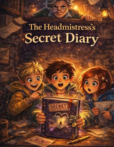 „The Headmistress’s Secret Diary“ und „SECRET - PROPERTY OF THE PRINCIPAL“. Drei Kinder und eine ältere Frau in einer Illustration.