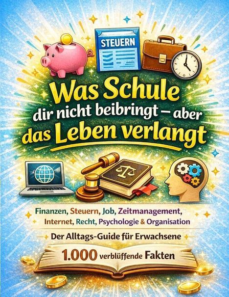 „Was Schule dir nicht beibringt – aber das Leben verlangt. 1.000 verblüffende Fakten.“ Verschiedene Symbole rundherum.