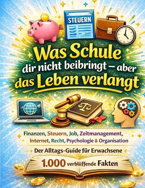 "Was Schule dir nicht beibringt – aber das Leben verlangt" in leuchtenden Farben, mit Symbolen für Wissen und Finanzen.
