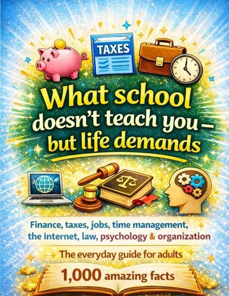 „What school doesn’t teach you – but life demands.“ Bunte Illustrationen von Sparschwein, Aktenkoffer, Laptop und Kopf mit Zahnrädern.