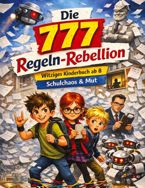 Titel: "Die 777 Regeln-Rebellion". Untertitel: "Witziges Kinderbuch ab 8. Schulchaos & Mut". Drei Kinder, Roboter und Notizen.