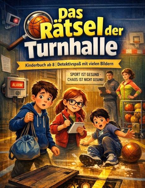 "Das Rätsel der Turnhalle" oben, darunter Kinderbuch ab 8. Illustration: Drei Kinder und zwei Erwachsene in einer Turnhalle.