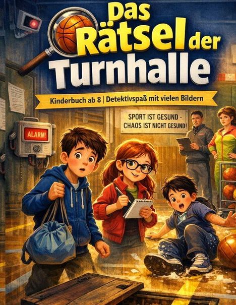 Titel: "Das Rätsel der Turnhalle". Untertitel: "Kinderbuch ab 8 | Detektivspaß mit vielen Bildern". Slogan: "Sport ist gesund - Chaos ist nicht gesund!". Drei Kinder stehen in einer Turnhalle, ein Junge hält eine Sporttasche, ein Mädchen mit Brille schreibt in ein Notizbuch, ein kleinerer Junge sitzt erschrocken am Boden.