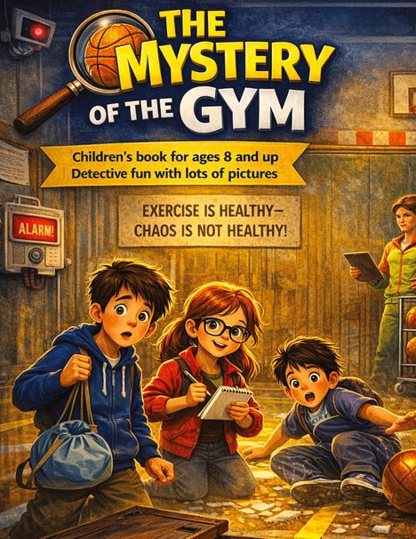 "The Mystery of the Gym," Buch für Kinder ab 8, Detektivspaß mit Bildern. "Exercise is healthy—chaos is not healthy!" Illustration.