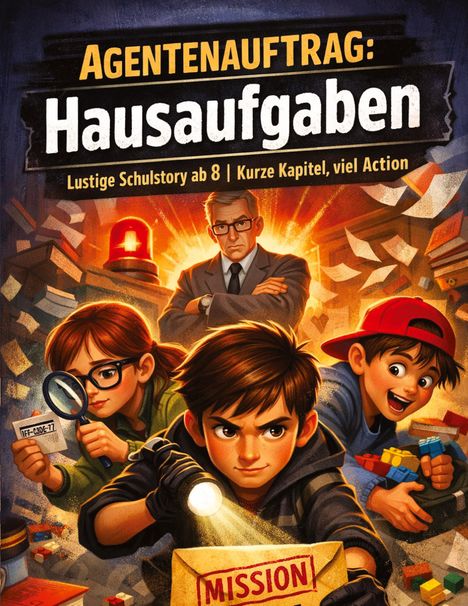 "Agentenauftrag: Hausaufgaben" - Drei Kinder, eines mit Taschenlampe, sehen entschlossen aus. Ein Erwachsener im Hintergrund.