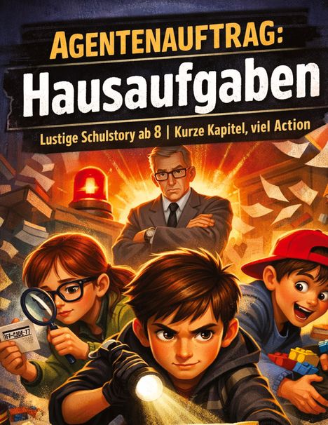 „Agentenauftrag: Hausaufgaben“, „Lustige Schulstory ab 8“, „Kurze Kapitel, viel Action“. Illustration: Kinder mit Lupe, Taschenlampe.