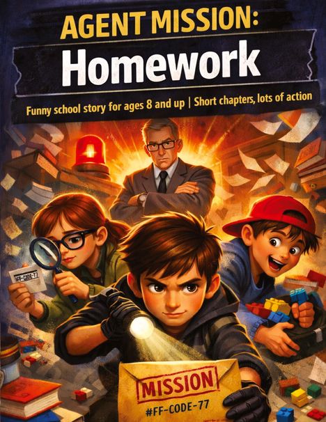 Text: "AGENT MISSION: Homework", "Funny school story for ages 8 and up", "Short chapters, lots of action", "MISSION #FF-CODE-77".

Illustration: Drei Kinder lösen einen geheimnisvollen Auftrag. Ein Kind hält eine Taschenlampe, ein anderes ein Vergrößerungsglas. Lego-Steine sind verstreut.