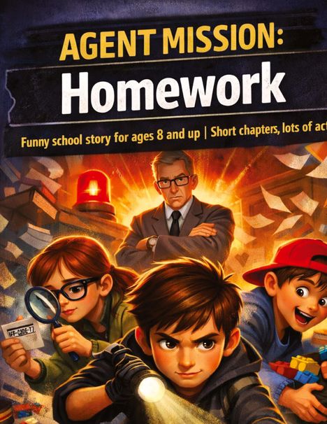 "Agent Mission: Homework" ist in großen gelben Lettern geschrieben. Drei Kinder mit Detektivutensilien agieren entschlossen.