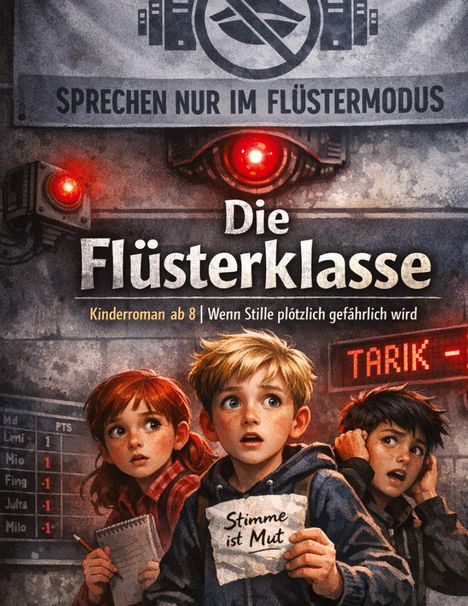 Logo mit "SPRECHEN NUR IM FLÜSTERMODUS". "Die Flüsterklasse". Drei Kinder, eins hält "Stimme ist Mut" Papier.