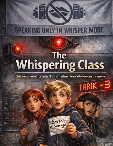 "SPEAKING ONLY IN WHISPER MODE", "The Whispering Class", "Speech is courage". Kinder sehen ängstlich aus, rote Lichter, Überwachungskameras.