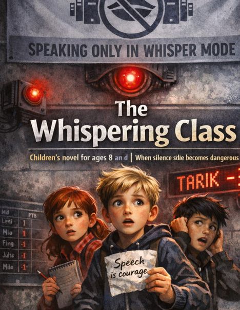 "Speaking only in whisper mode. The Whispering Class. Children's novel for ages 8 and... Speech is courage." Illustration: Drei Kinder wirken besorgt.