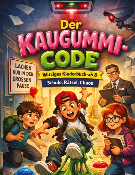 „Der Kaugummi-Code“: Drei Kinder in einem Schulflur mit Ballons und Überwachungskamera, ein Junge tritt auf Kaugummi.