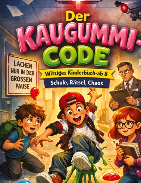Texte: "Der Kaugummi-Code", "Witziges Kinderbuch ab 8", "Schule, Rätsel, Chaos", "Lachen nur in der großen Pause". Drei Kinder, bunte Kleidung, ein Lehrer, Überwachungskamera, Luftballons.