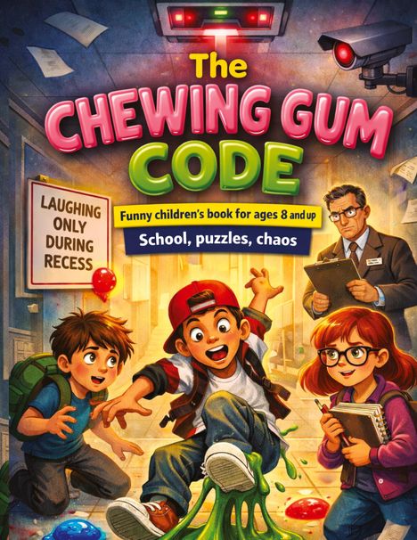 "The Chewing Gum Code. Funny children's book for ages 8 and up. School, puzzles, chaos. 'Laughing only during recess' Schild. Drei Kinder, eines rutscht auf Kaugummi."