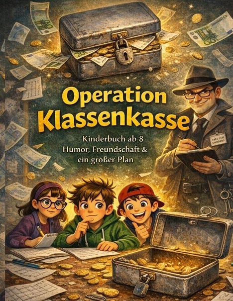 „Operation Klassenkasse“: Kinderbuch ab 8, Humor, Freundschaft & ein großer Plan. Drei Kinder und ein Mann mit Koffer.
