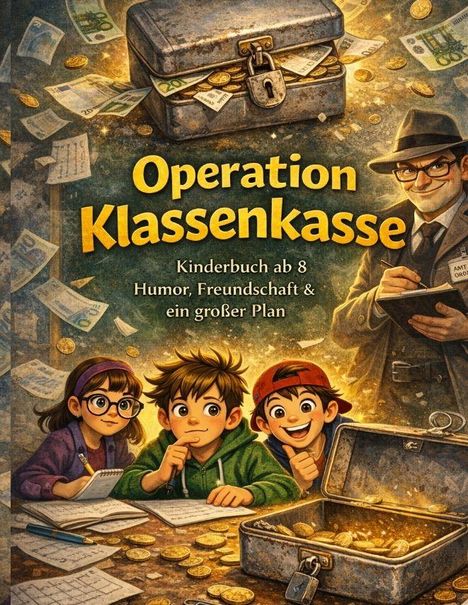 "Operation Klassenkasse. Kinderbuch ab 8. Humor, Freundschaft & ein großer Plan." Drei Kinder und ein Mann mit einem Notizbuch.