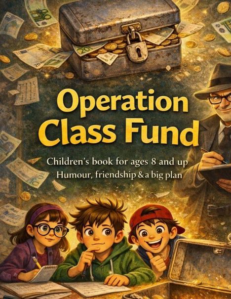 Illustration eines Kinderbuches mit dem Titel "Operation Class Fund". Drei Kinder und ein Mann mit Geldkoffer, umgeben von Geldscheinen.
