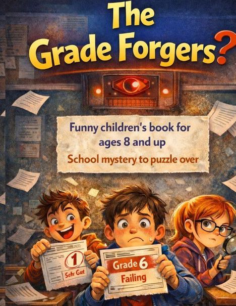"The Grade Forgers? Funny children's book for ages 8 and up. School mystery to puzzle over." Drei Kinder mit Zeugnissen.