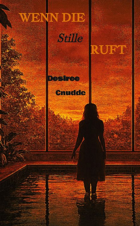 "WENN DIE Stille RUFT Desiree Cnudde." Silhouette einer Person in einem Raum, der in warmes oranges Licht getaucht ist.