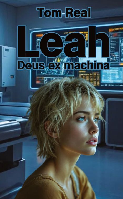 "Tom Real, Leah, Deus ex machina" über einer blonden Frau in einem futuristischen Raum mit Bildschirmen.