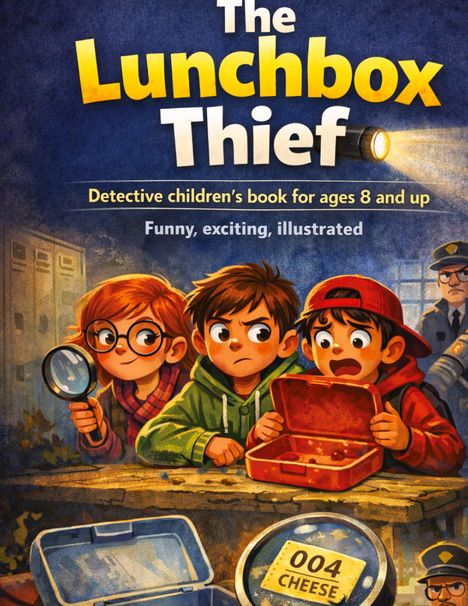 „The Lunchbox Thief“ steht oben. Drei Kinder, eines mit Lupe, blicken besorgt auf leere Brotdosen.