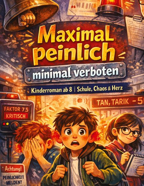 „Maximal peinlich, minimal verboten. Kinderroman ab 8. Schule, Chaos & Herz.“ Illustration mit Kindern in peinlicher Situation.