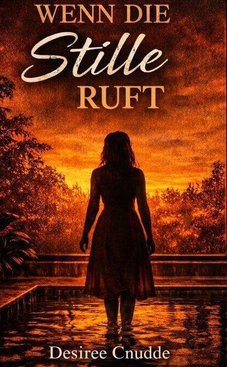 „Wenn die Stille ruft“, unten „Desiree Cnudde“. Silhouette einer Person vor orangenem Sonnenuntergang und Bäumen.