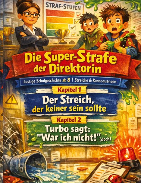 Ein Kind und eine strenge Frau stehen in einem chaotischen Büro mit Schleim; "Straf-Stufen" im Hintergrund.