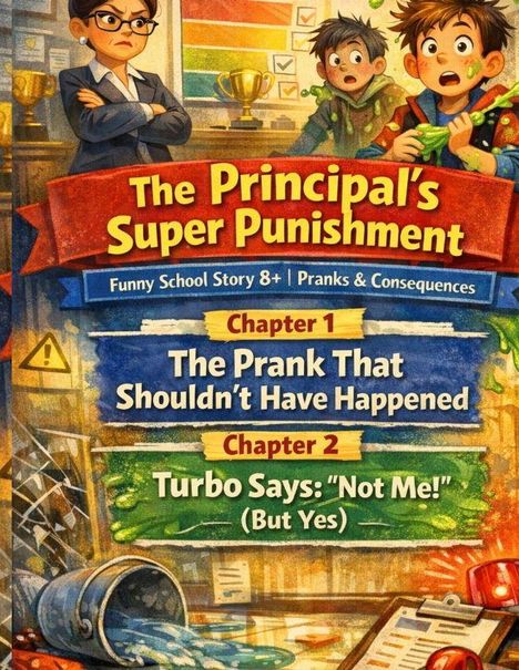Titel: "The Principal's Super Punishment". Kapitel: "1: The Prank That Shouldn’t Have Happened", "2: Turbo Says: 'Not Me!' (But Yes)". Illustration zeigt aufgebrachte Erwachsene und schuldige Kinder in einem Klassenzimmer.