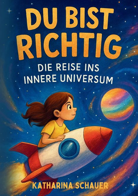 "DU BIST RICHTIG. DIE REISE INS INNERE UNIVERSUM. KATHARINA SCHAUER." Kind auf einer Rakete im Weltraum, bunte Planeten.