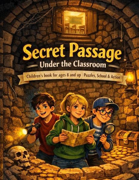 "Secret Passage Under the Classroom. Children's book for ages 8 and up. Puzzles, School & Action." Drei Kinder im Verlies.
