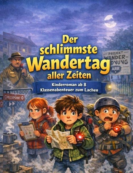 "Der schlimmste Wandertag aller Zeiten. Kapitel 1: Der Wandertag beginnt zu früh. Kindroman ab 8. Illustration mit Kindern im Wald."