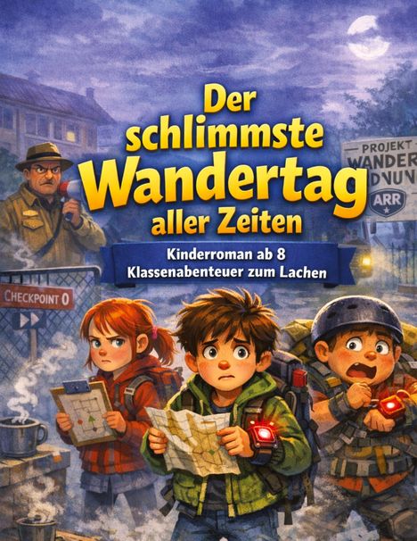 Ein Buchcover mit dem Titel "Der schlimmste Wandertag aller Zeiten". Kinder und ein älterer Mann stehen im Wald.