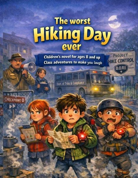 „The Worst Hiking Day Ever“, Kinderroman ab 8, Kapitel 1: Der Wandertag beginnt zu früh. Illustration mit zwei Kindern und Lehrer.