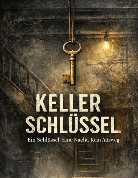 "KELLER SCHLÜSSEL. Ein Schlüssel. Eine Nacht. Kein Ausweg." Ein großer Schlüssel hängt in einem dunklen, alten Keller.