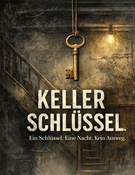 "KELLER SCHLÜSSEL. Ein Schlüssel. Eine Nacht. Kein Ausweg." zeigt einen Schlüssel an einer Schnur in einer düsteren Szene.