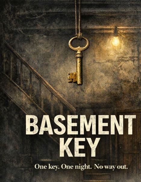 "Basement Key. One key. One night. No way out." Ein altes Schlüssel hängt, von einer Glühbirne beleuchtet, neben einer Treppe.