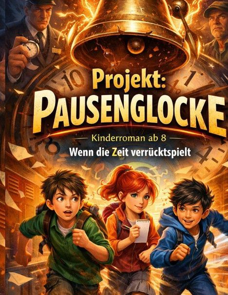 "Projekt: Pausenglocke. Kinderroman ab 8. Wenn die Zeit verrücktspielt." Drei Kinder laufen, Hintergrund mit Uhr und Glocke.