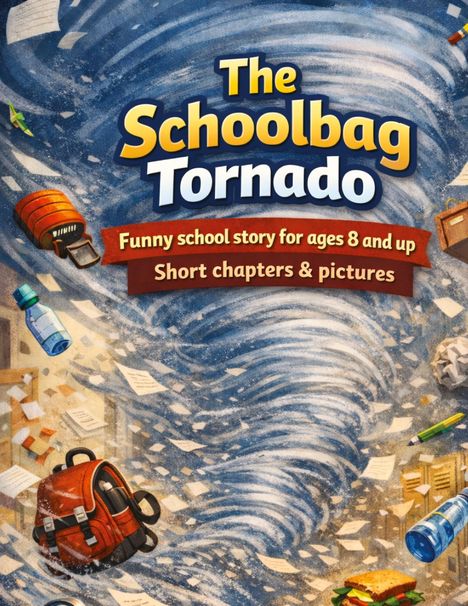 "The Schoolbag Tornado", eine lustige Schulgeschichte ab 8 Jahren. Kurze Kapitel & Bilder. Illustration: Tornado mit Schulsachen.