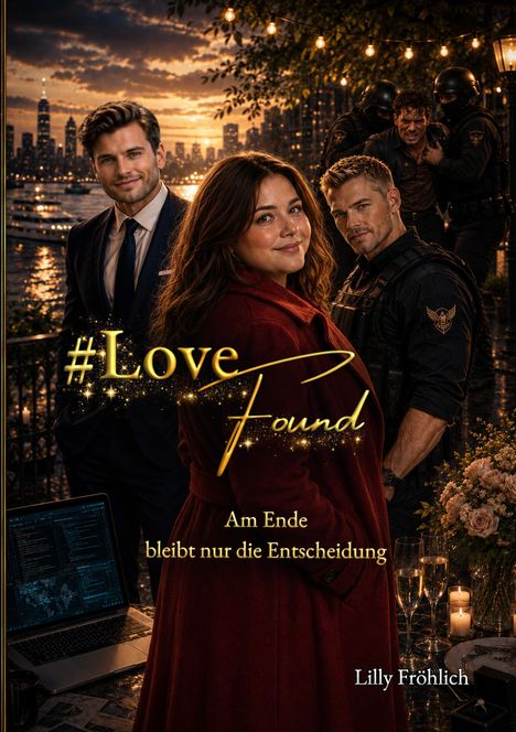 #Love Found. Am Ende bleibt nur die Entscheidung. Drei Menschen im Vordergrund, Stadt bei Sonnenuntergang im Hintergrund.