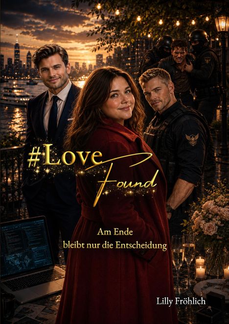 "#Love Found: Am Ende bleibt nur die Entscheidung." Drei Personen lächelnd, Abendstimmung mit Stadtlichtern im Hintergrund.