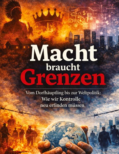 "Macht braucht Grenzen" steht groß. Darunter steht: "Vom Dorfhäuptling bis zur Weltpolitik: Wie wir Kontrolle neu erfinden müssen." Ein Gemälde zeigt Silhouetten, eine Krone, und eine Stadt.